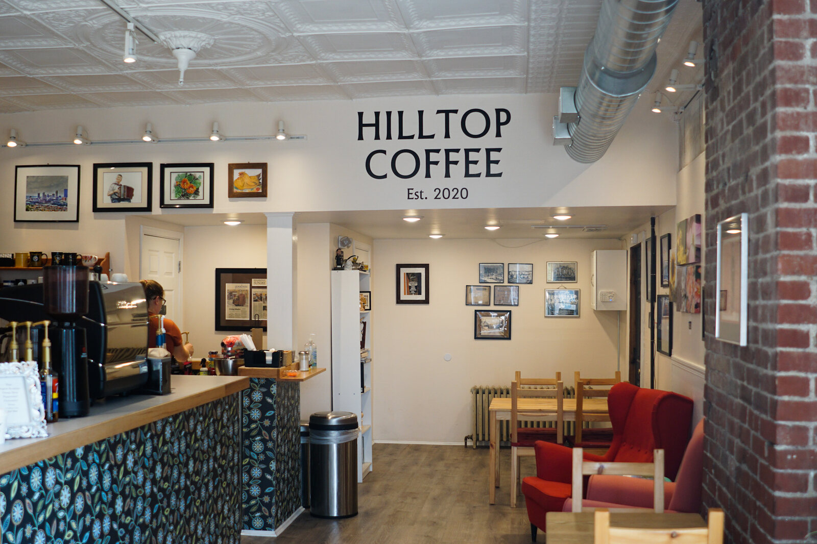 Inside the shop, looking across the seating