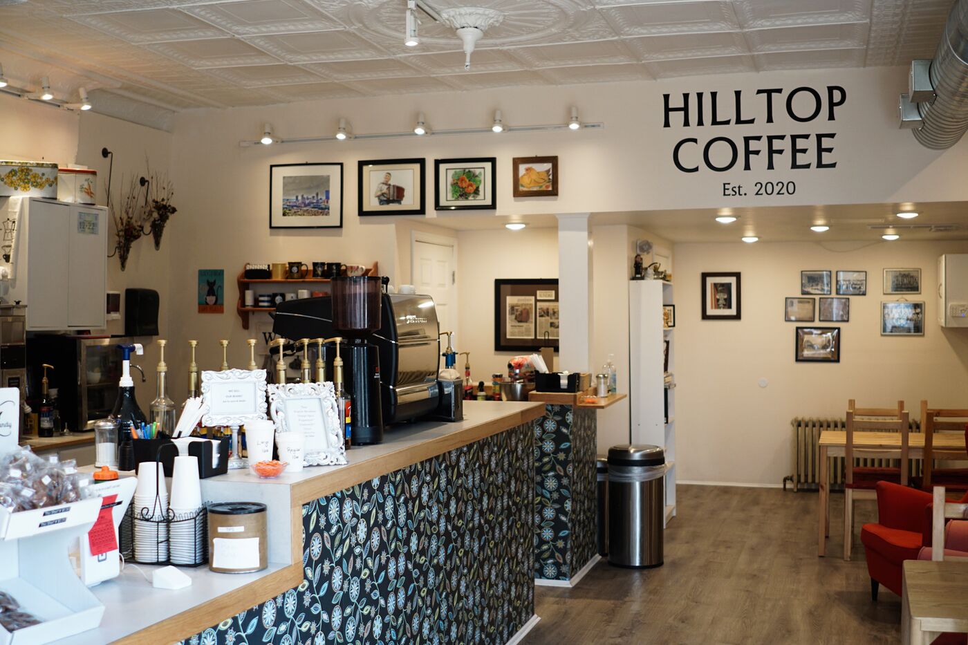 Inside Hilltop Coffee, looking down the counter